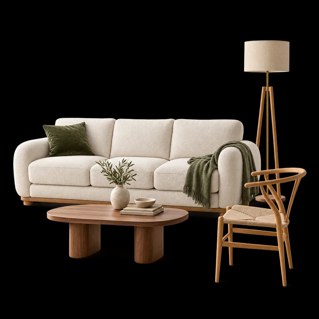 Turkish furniture: cream bouclé sofa, walnut coffee table, oak dining chair and floor lamp