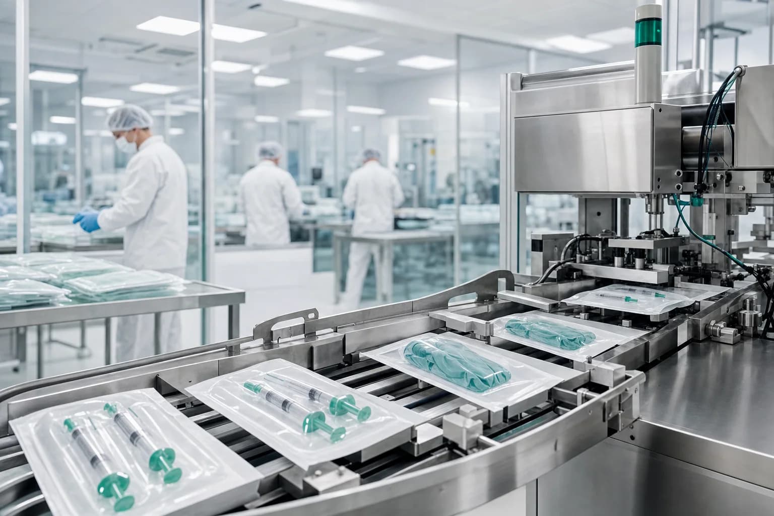Automated sterile-pouch filling line in a medical consumables cleanroom in Türkiye