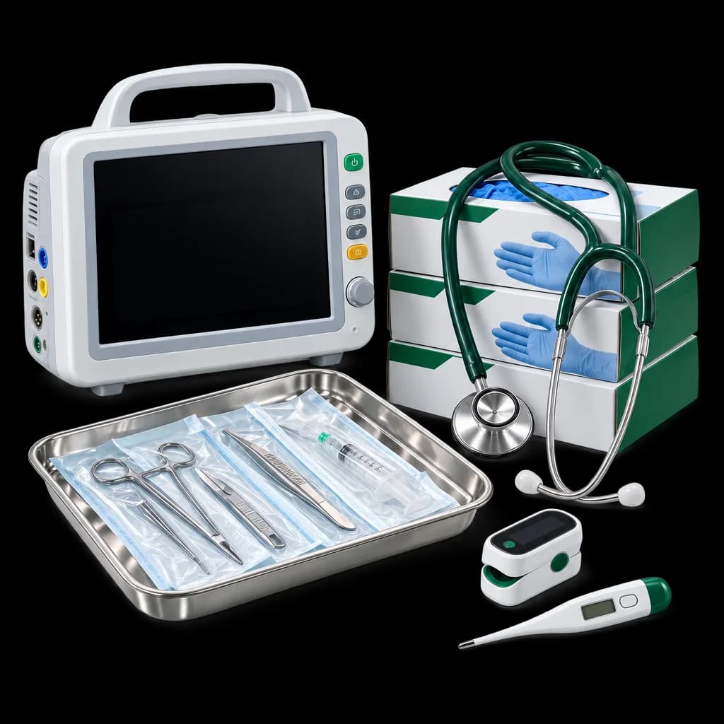 Turkish medical supplies: patient monitor, sterile instrument tray, nitrile glove boxes, stethoscope, thermometer and pulse oximeter